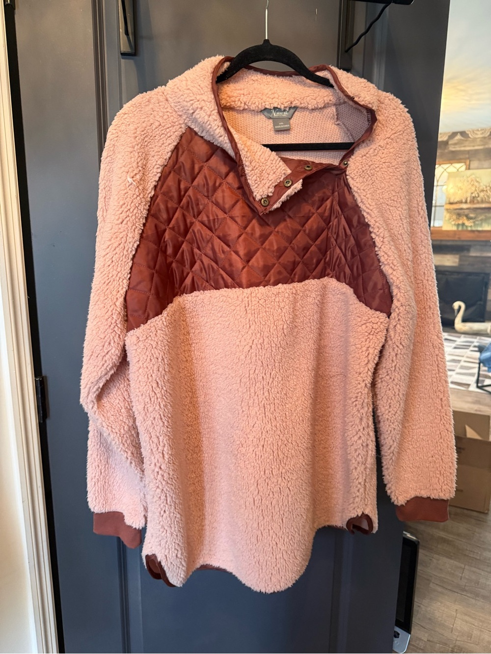 Natural Reflections Plush Sherpa Pullover in Blush Pink and Rust